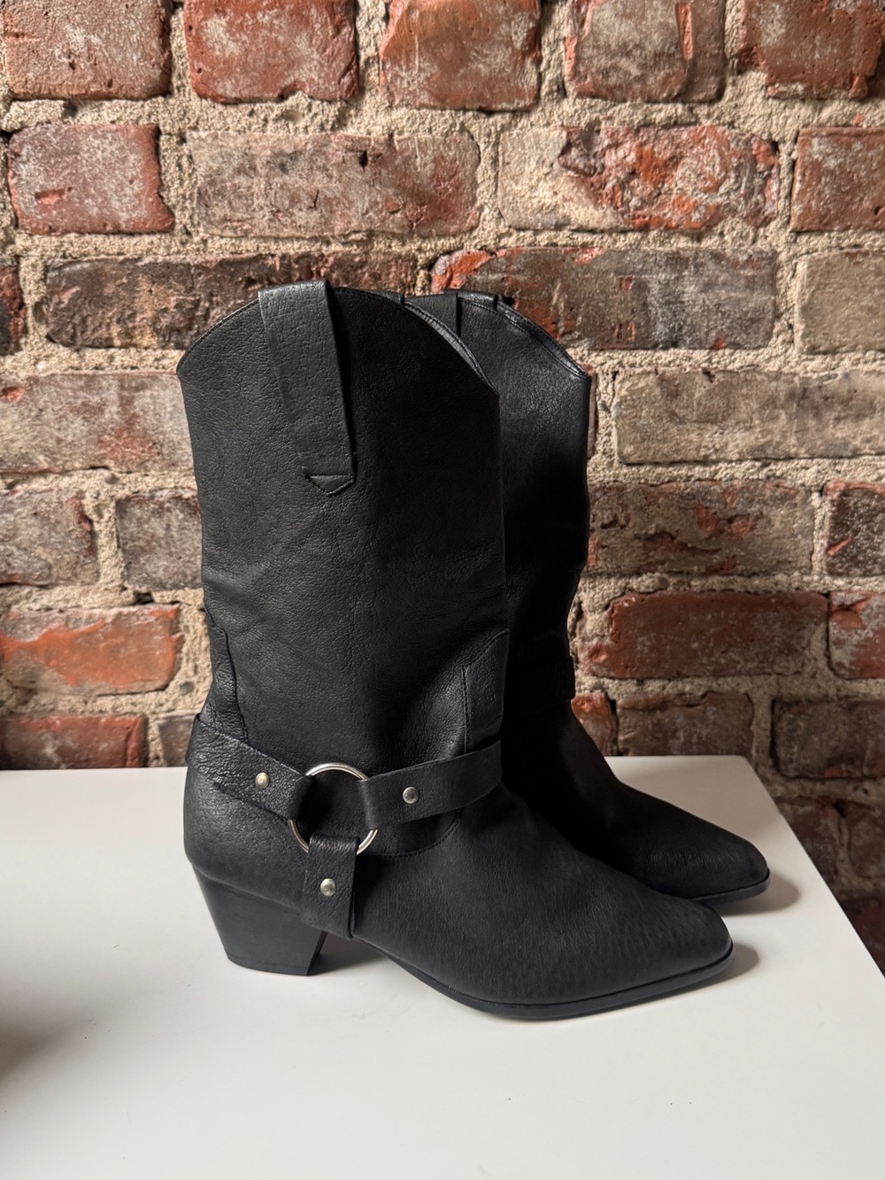 Vintage NEW Corsina Black leather cowboy boots with buckle